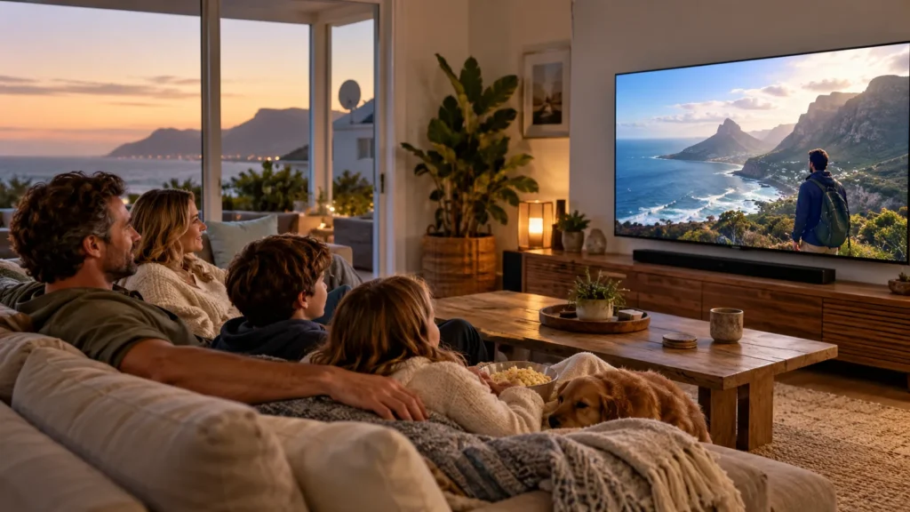 Family watching DStv Catch Up on a big TV in a Kommetjie coastal lounge