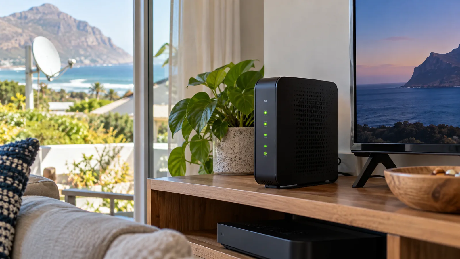 DStv Catch Up in Kommetjie: How It Works and Quick Fixes 4 Fibre router with green lights on a shelf near the TV in Kommetjie