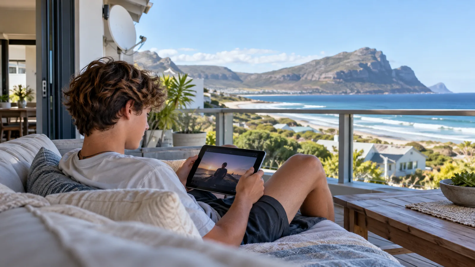 DStv Catch Up in Kommetjie: How It Works and Quick Fixes 5 Teenager watching a show on a tablet on a Kommetjie balcony with the sea behind