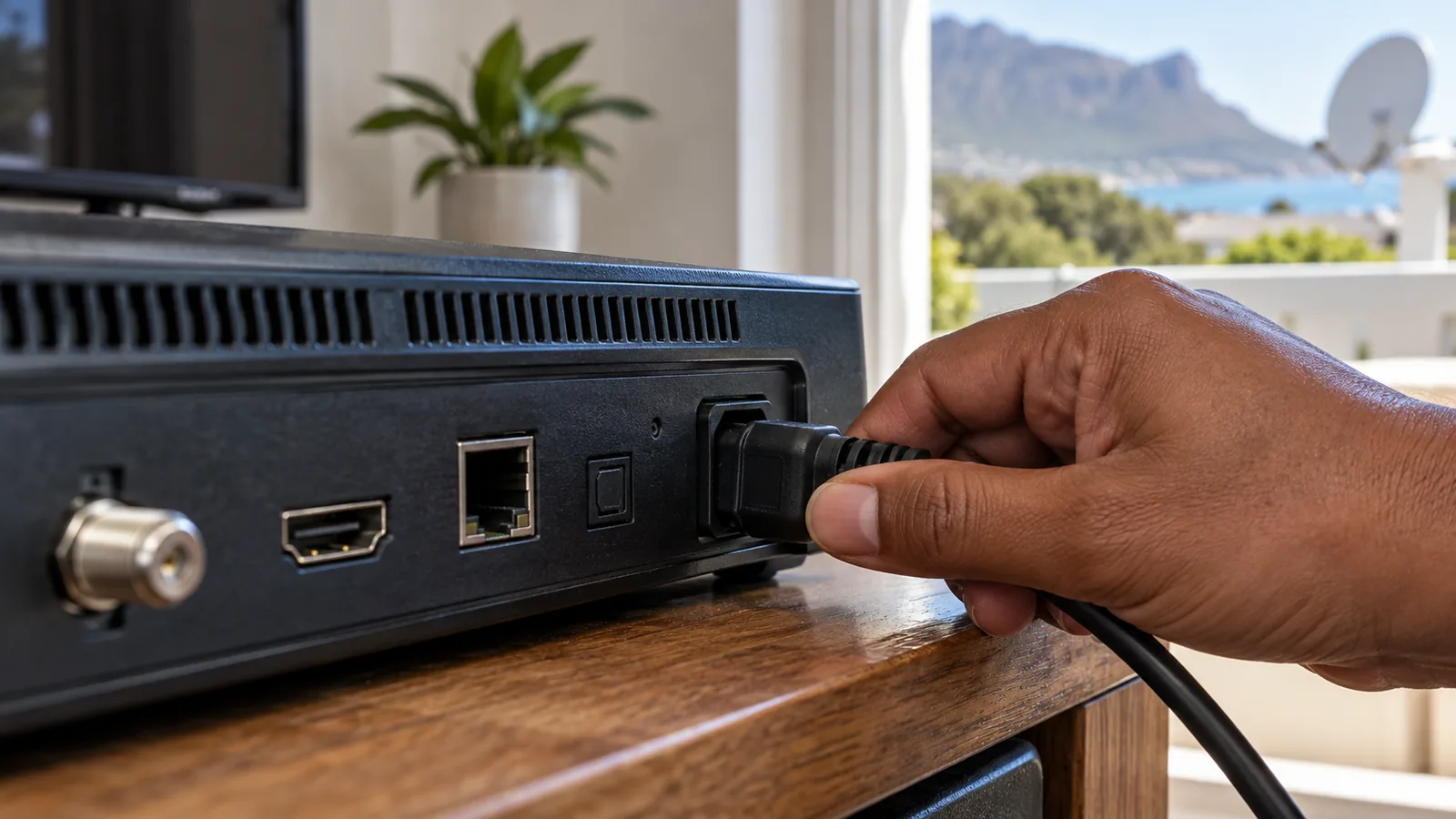 DStv Decoder Not Turning On in Kommetjie? 7 Quick Checks 2 Hand checking the power cable at the back of a decoder in Kommetjie