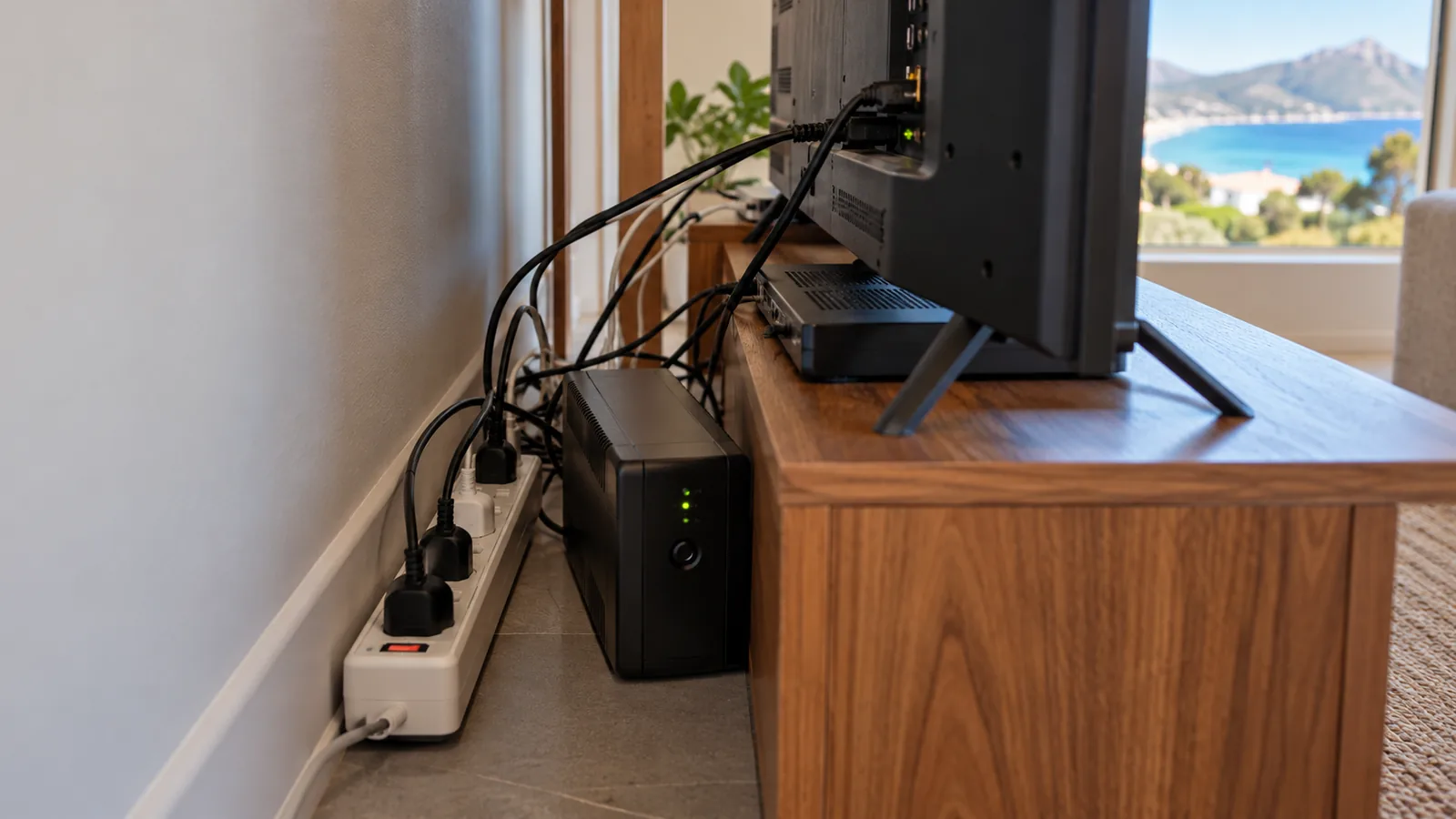 DStv Decoder Not Turning On in Kommetjie? 7 Quick Checks 3 Surge protector and small UPS behind a TV cabinet in a Kommetjie home
