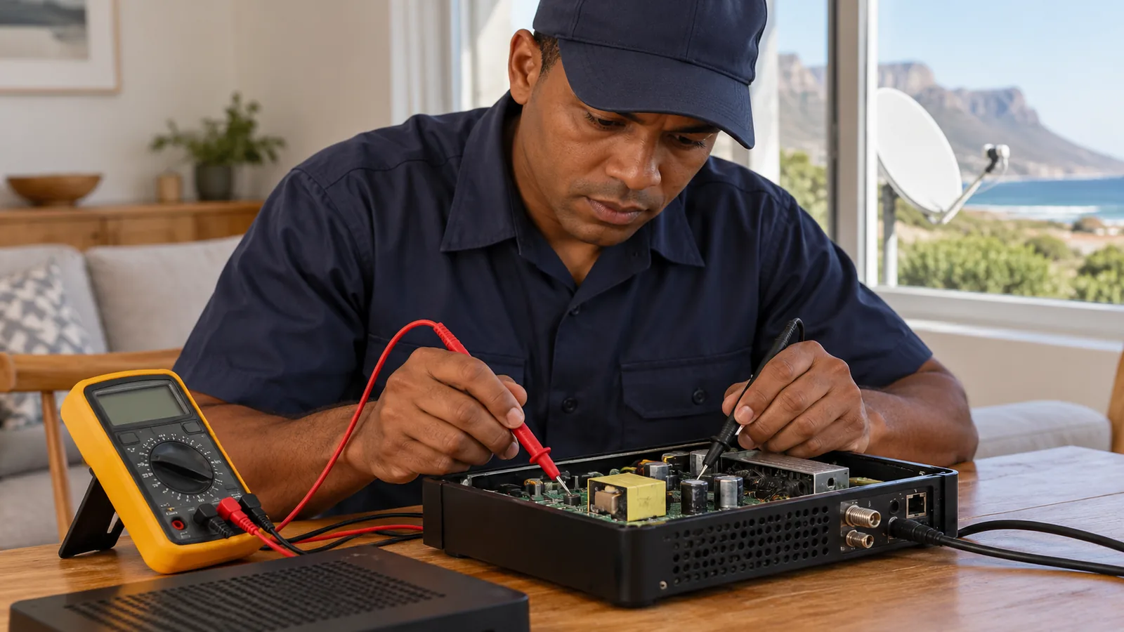 DStv Decoder Not Turning On in Kommetjie? 7 Quick Checks 4 Technician testing a power supply for a DStv decoder not turning on in Kommetjie