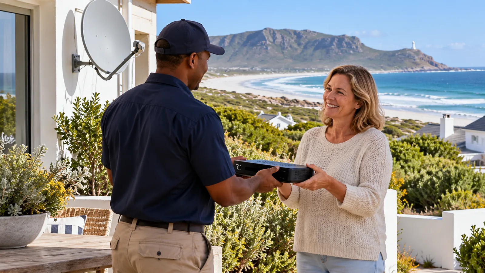 DStv Decoder Not Turning On in Kommetjie? 7 Quick Checks 5 Technician handing a working decoder back to a homeowner in Kommetjie