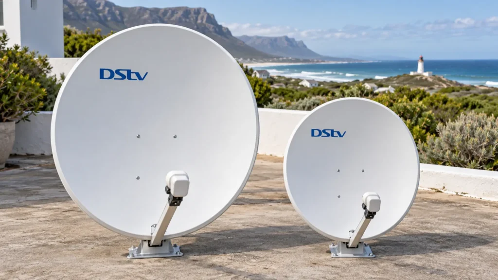 Two white dishes compared for DStv dish size on a Kommetjie workshop floor