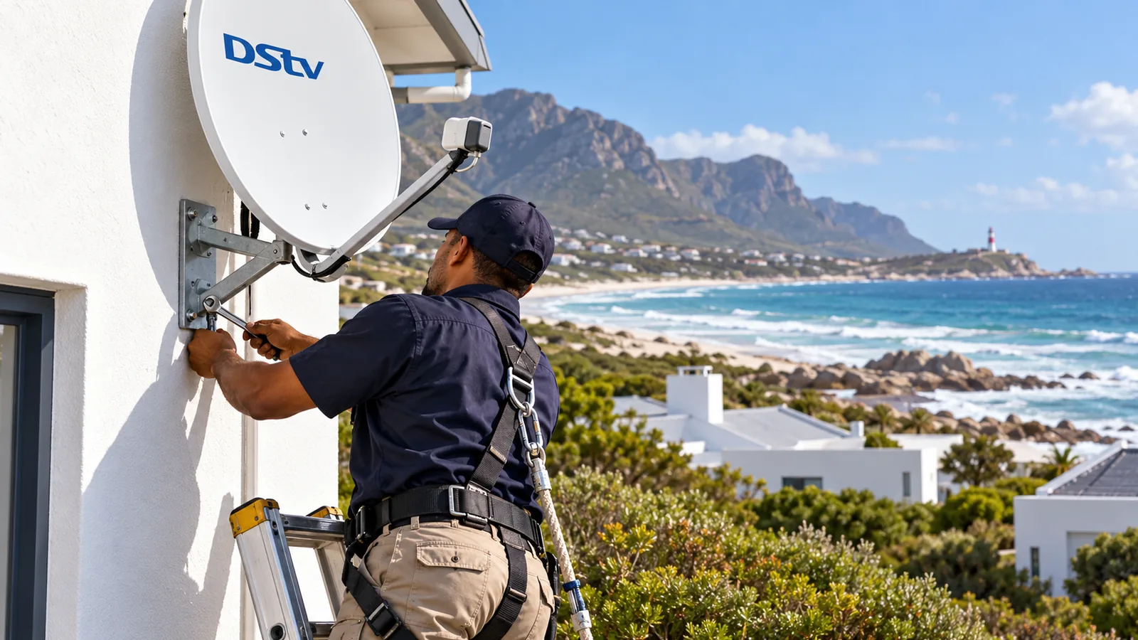 Technician bolting a heavy-duty bracket to a coastal house wall in Kommetjie