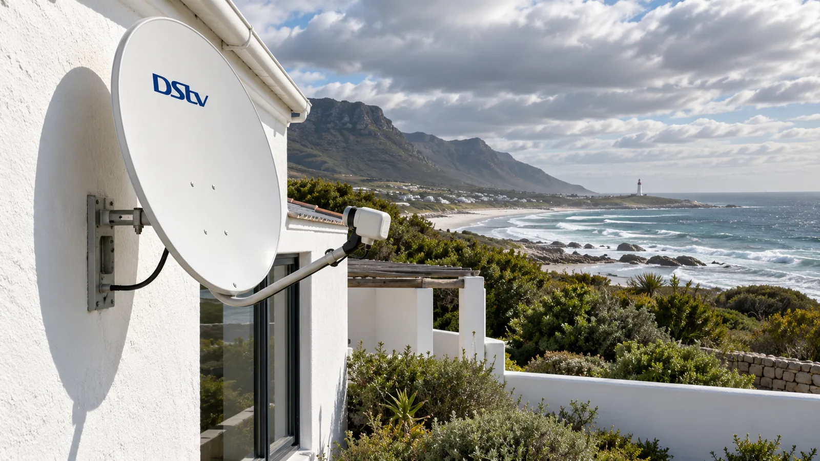 White DStv dish on a low Kommetjie house wall with the Atlantic behind