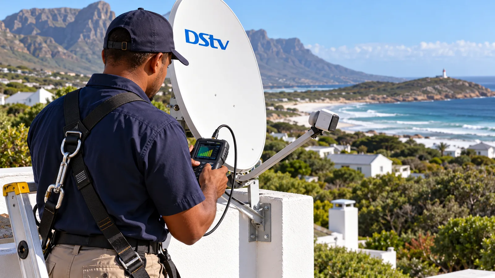 Technician checking DStv dish size and signal with a meter in Kommetjie