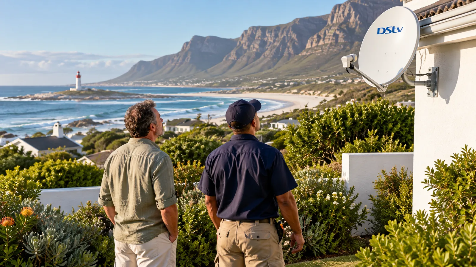 Homeowner and technician looking up at a new dish from a Kommetjie garden