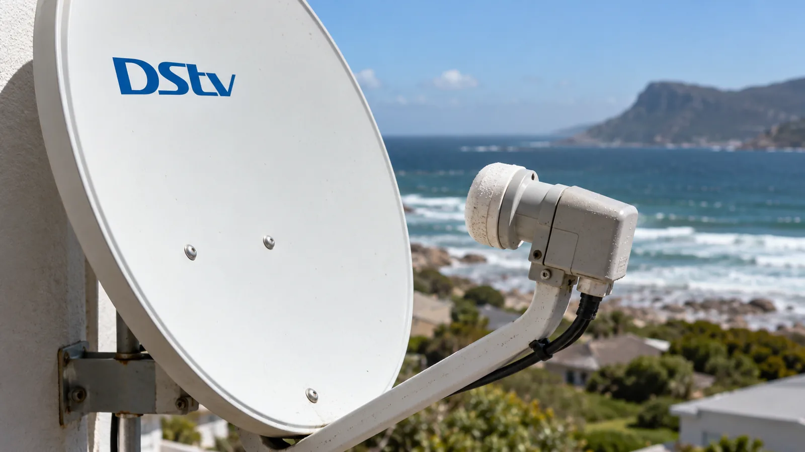 DStv LNB with a light salt crust on a dish arm in Kommetjie