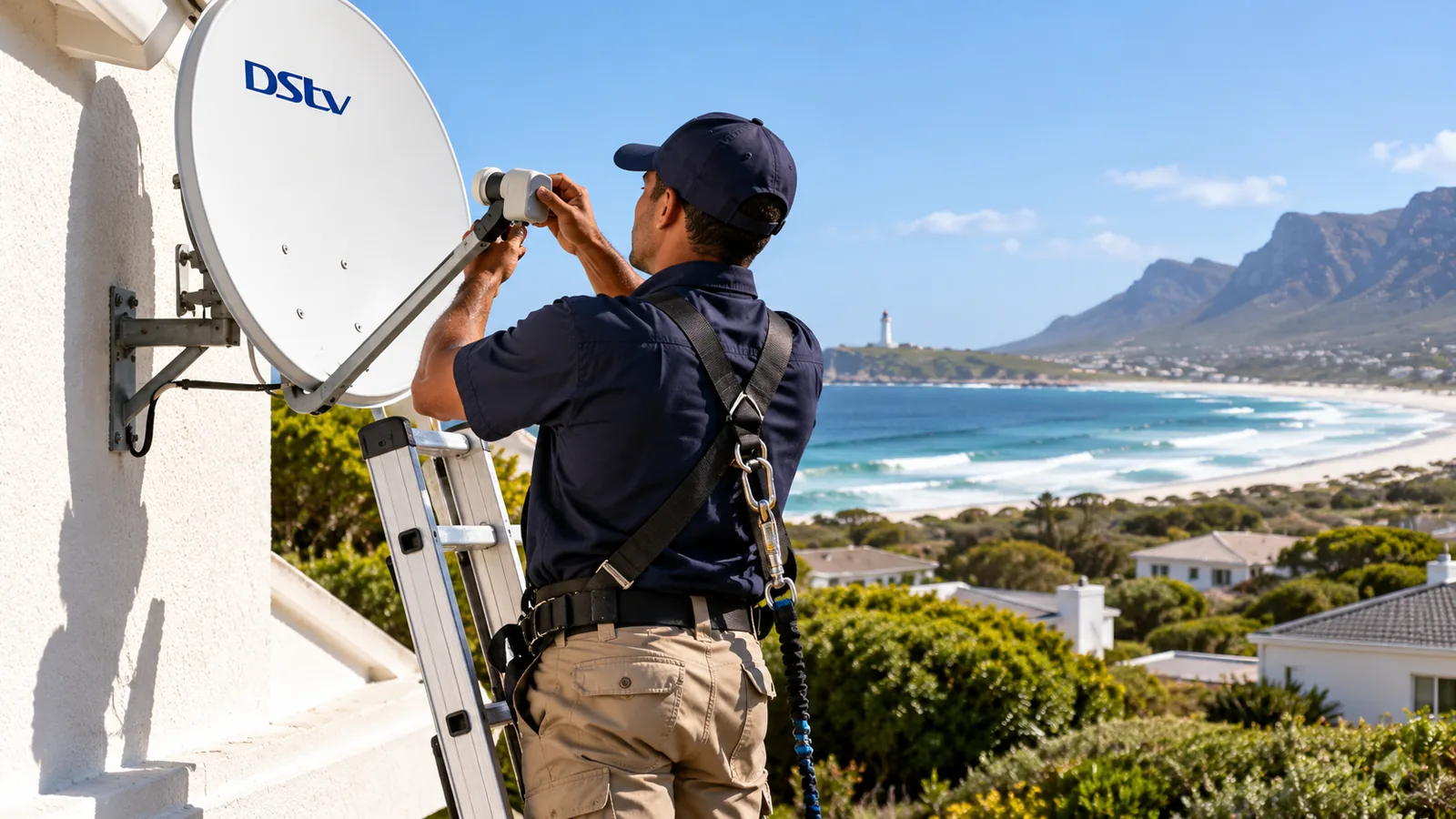 Technician on a secured ladder replacing the DStv LNB on a Kommetjie house wall