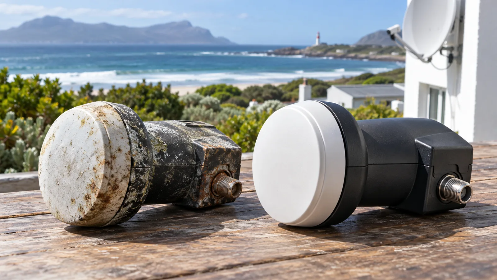 Corroded and new DStv LNB side by side on a workbench in Kommetjie