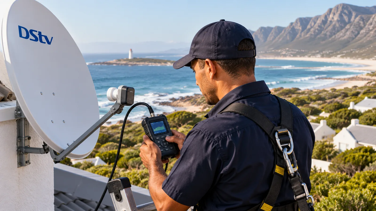 Technician holding a satellite signal meter beside a dish in Kommetjie