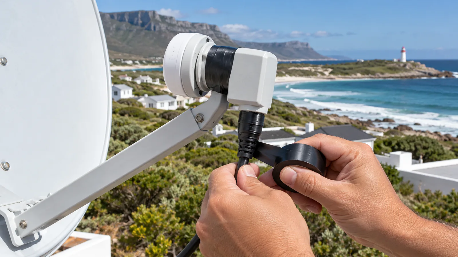 Weatherproof cable connector being taped at the LNB on a Kommetjie dish