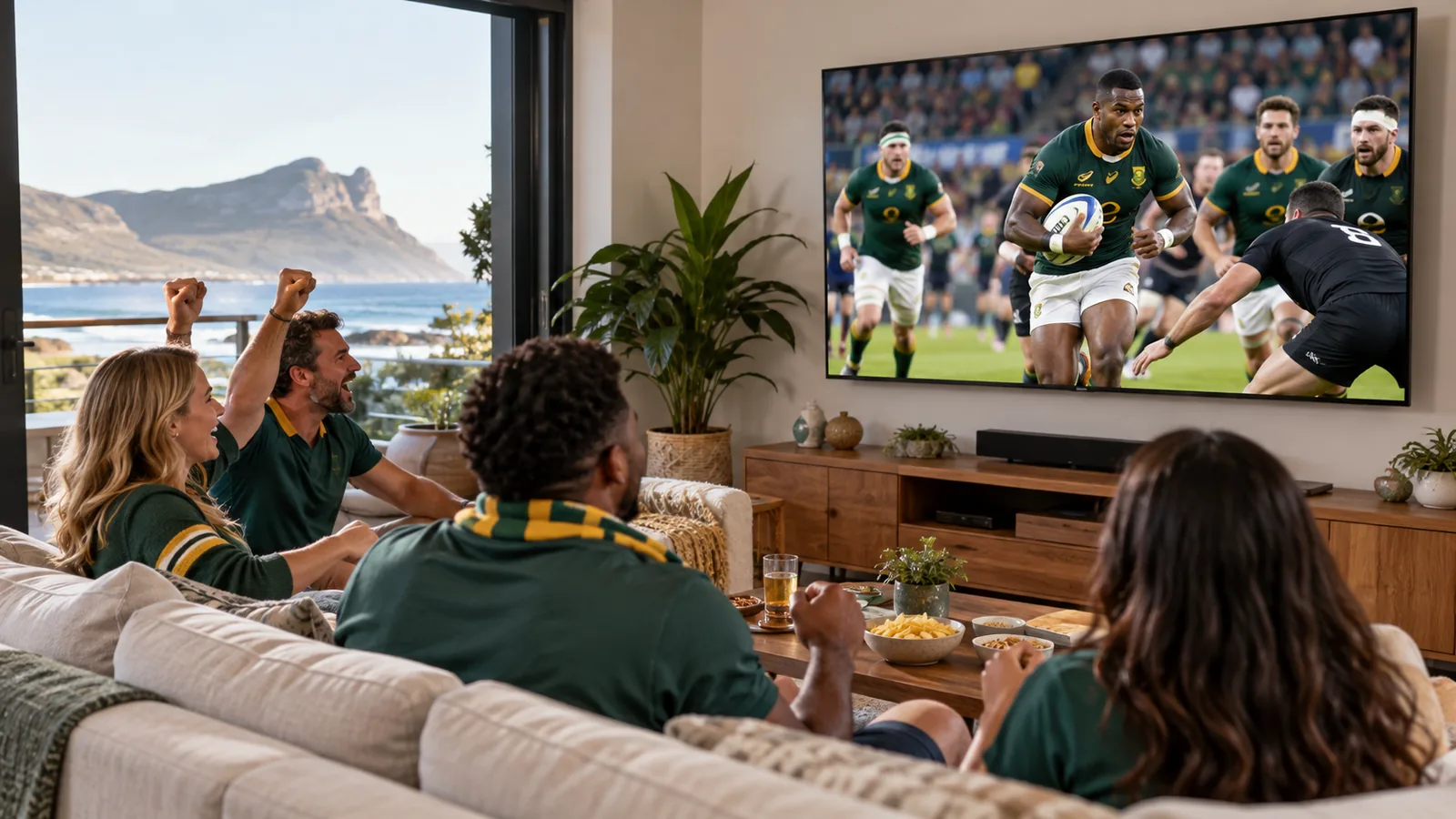 Friends watching Springbok rugby on the DStv Premium package in a Kommetjie lounge