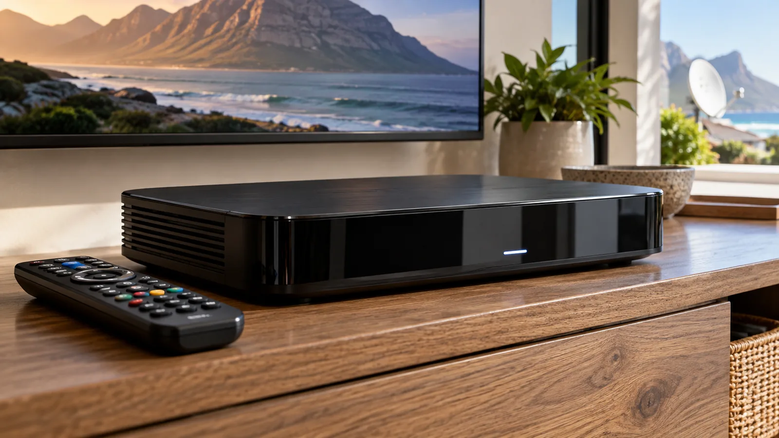 Explora Ultra decoder and remote on a TV cabinet in a Kommetjie home