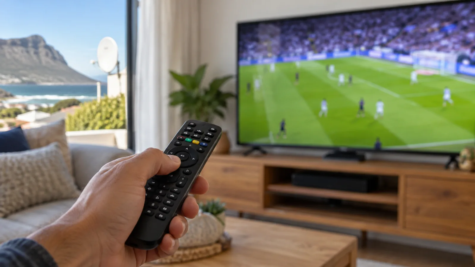 Remote pointed at a TV showing sport on the DStv Premium package in Kommetjie