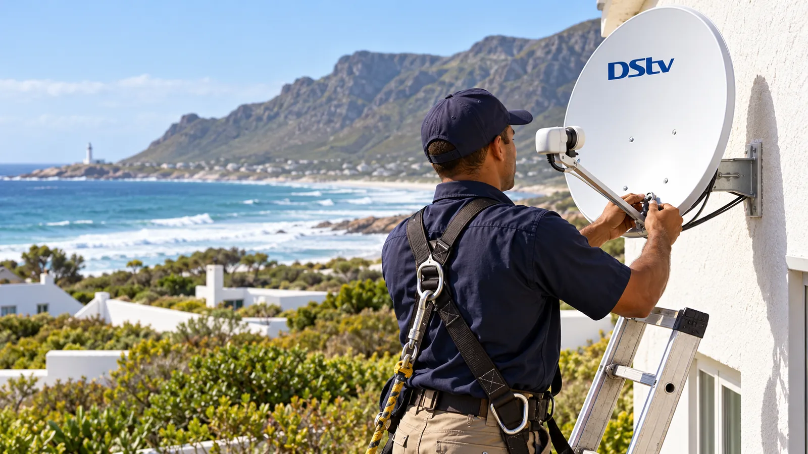 Technician fitting a white DStv dish on a Kommetjie house wall near the Atlantic