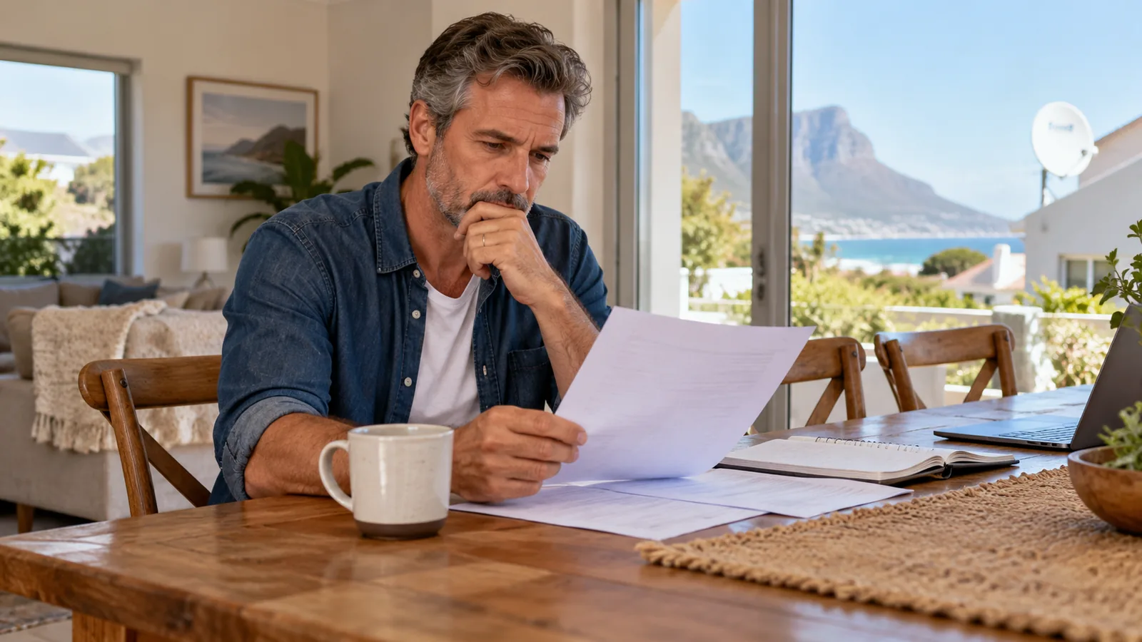 Homeowner checking a monthly TV budget at a dining table in Kommetjie