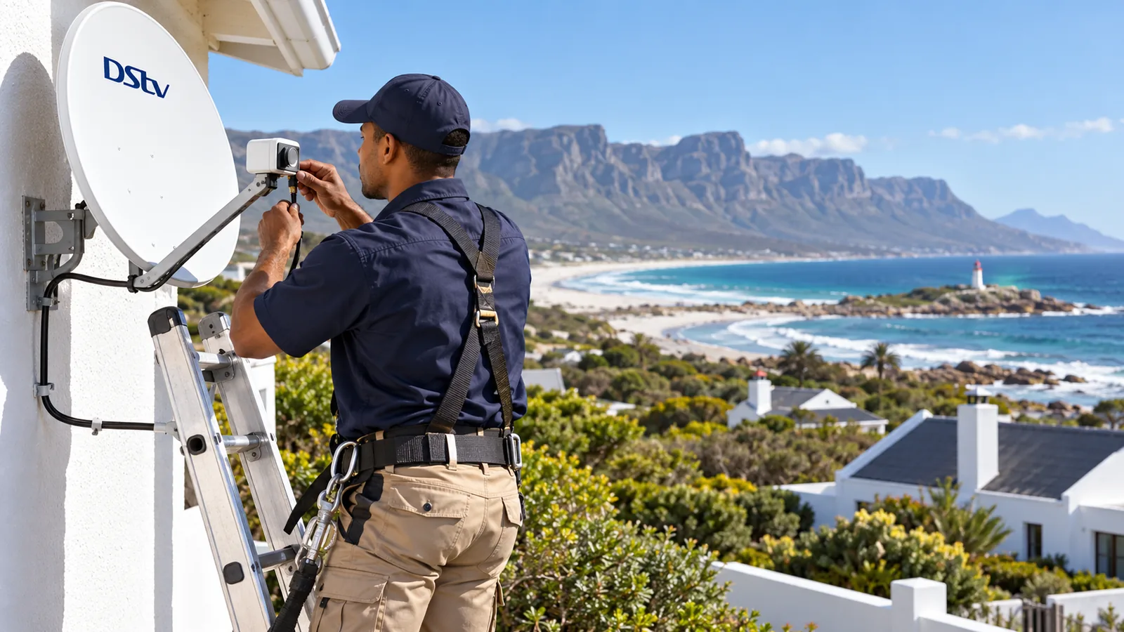 DStv Reconnection in Kommetjie: Easy Steps After a Break 3 Technician inspecting the cable plug at a white DStv dish in Kommetjie