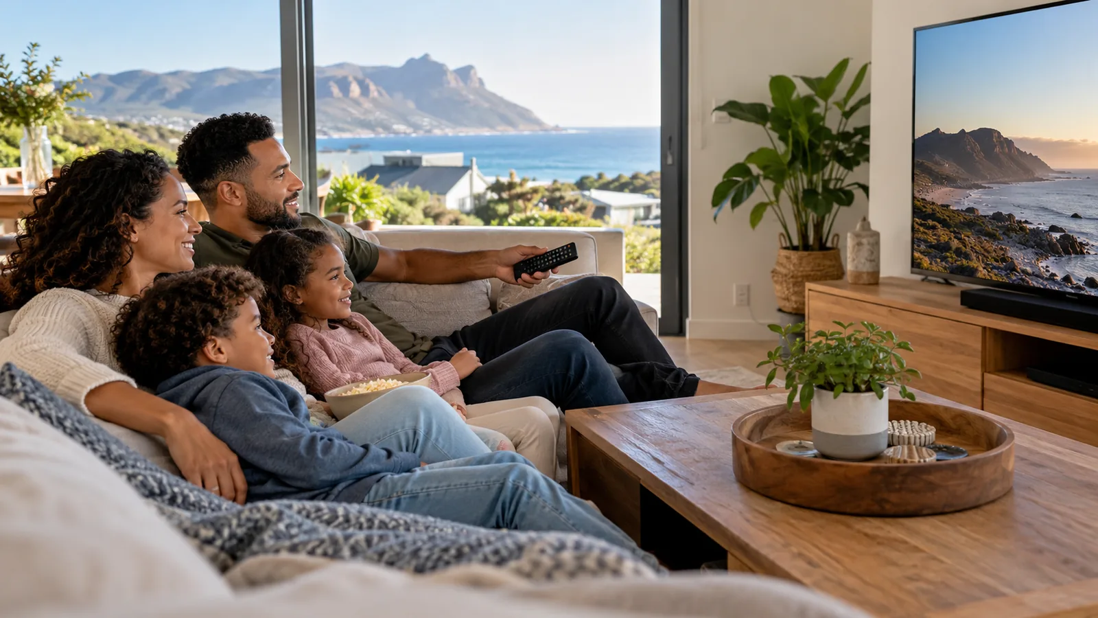 Family streaming DStv Stream packages on a smart TV in a bright Kommetjie lounge