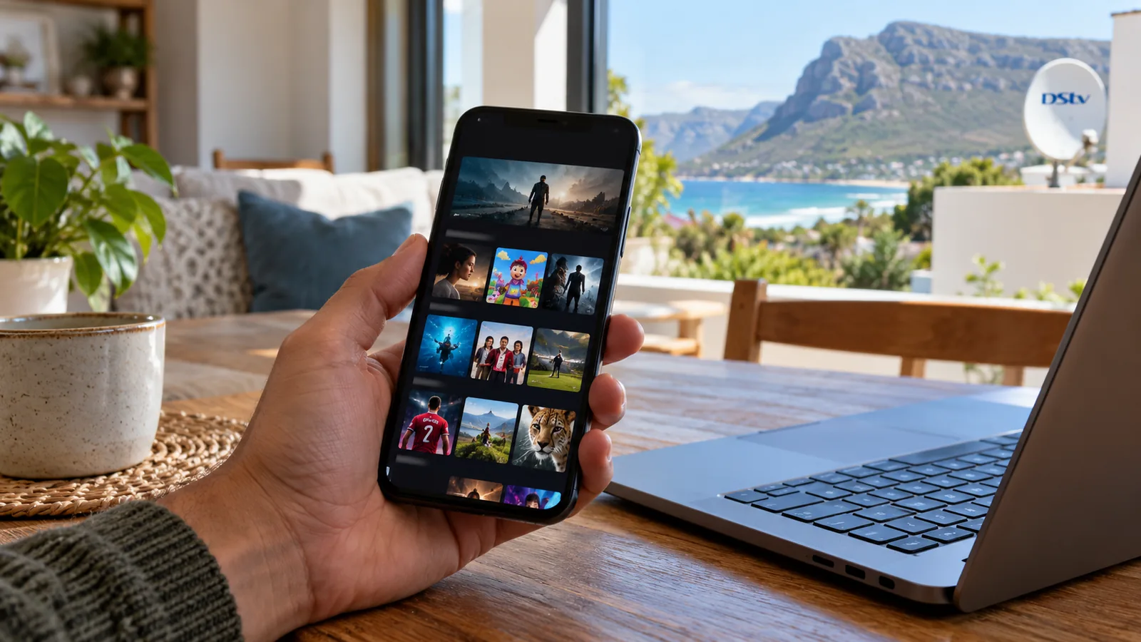 Hand holding a phone with a streaming app grid beside a laptop in Kommetjie