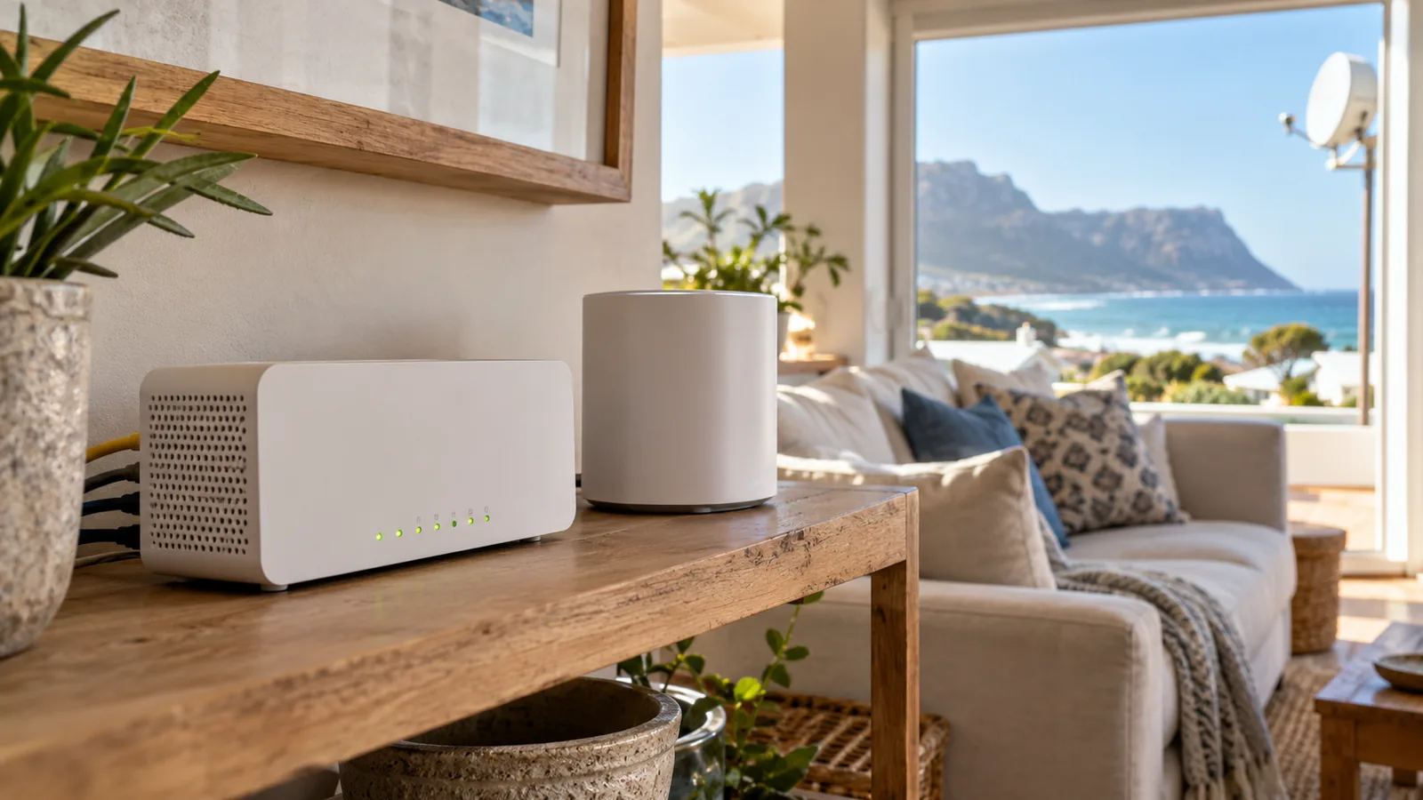 Fibre router and WiFi mesh unit in a Kommetjie beach house for DStv Stream packages