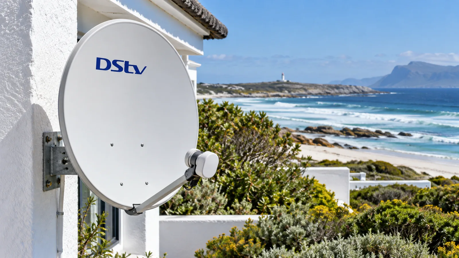 White DStv dish on a low coastal house wall in Kommetjie with the Atlantic behind
