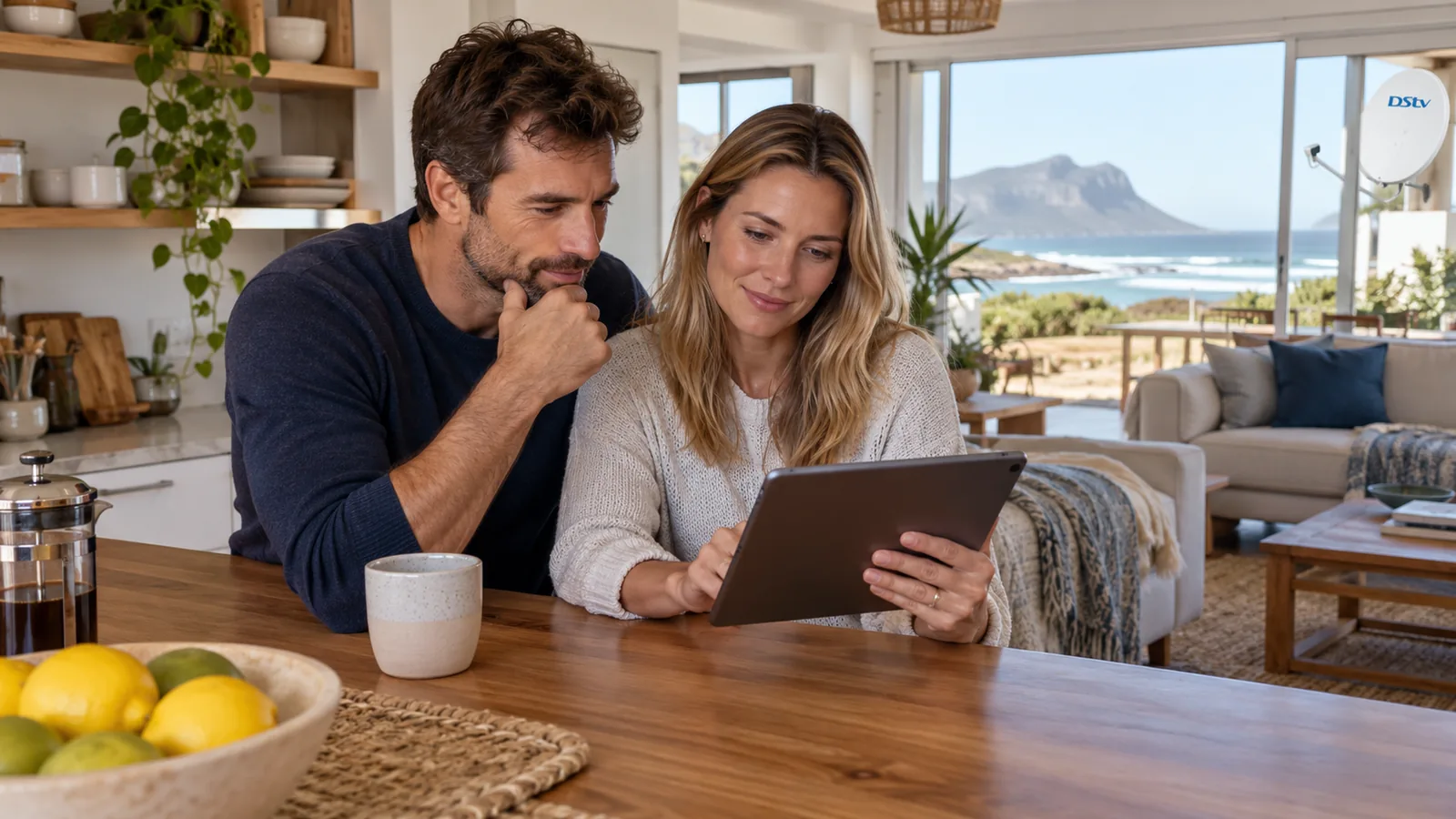 Couple comparing two TV options on a tablet at a Kommetjie kitchen counter