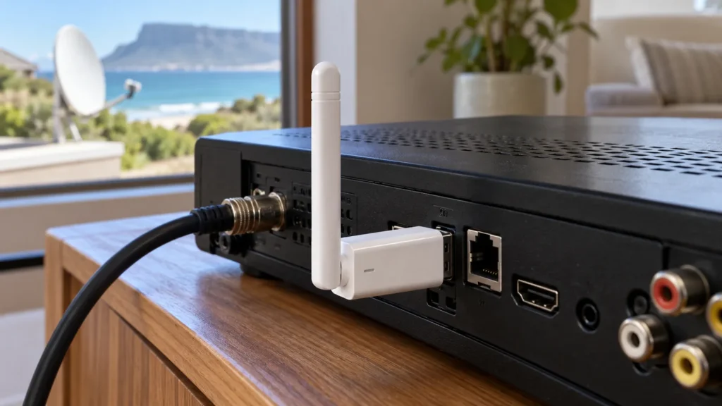 DStv WiFi connector plugged into the back of a black decoder in a Kommetjie home