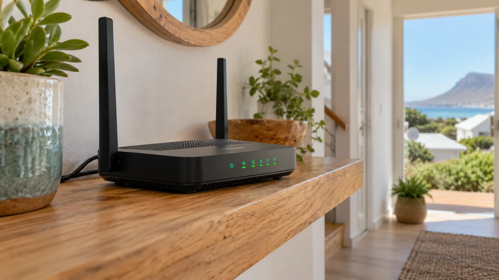 Fibre router on a hallway shelf in a coastal Kommetjie home