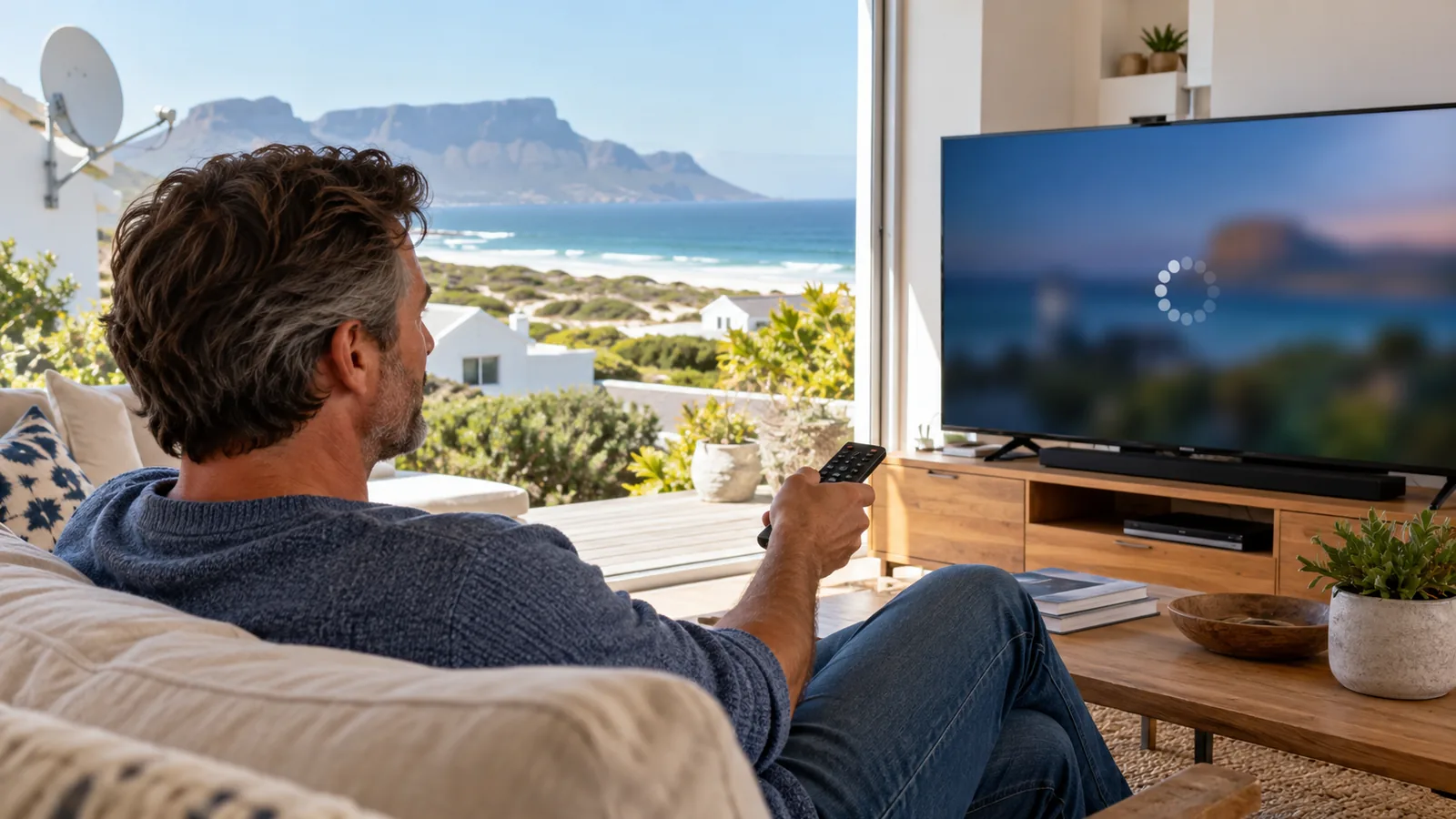 Homeowner using a remote while the TV loads Catch Up in a Kommetjie lounge