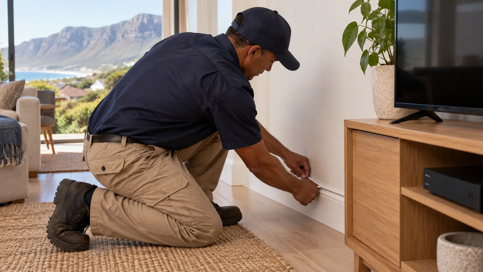 Technician running a network cable along a skirting board to a Kommetjie TV cabinet