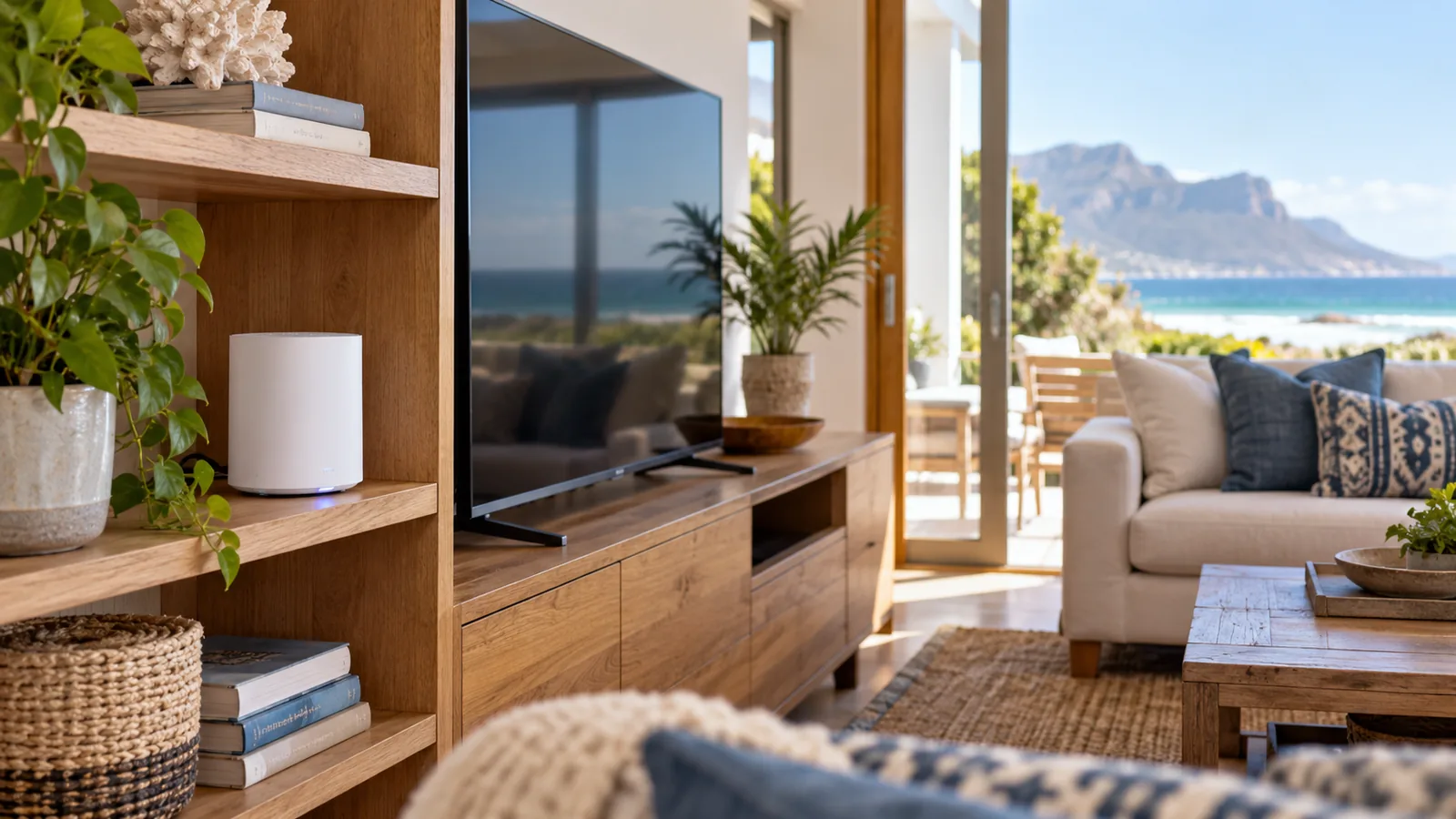 Mesh point beside a TV in a Kommetjie beach house instead of a DStv WiFi connector
