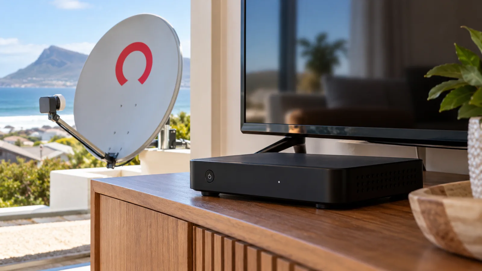 Small matte black OpenView HD decoder on a TV cabinet in a Kommetjie home