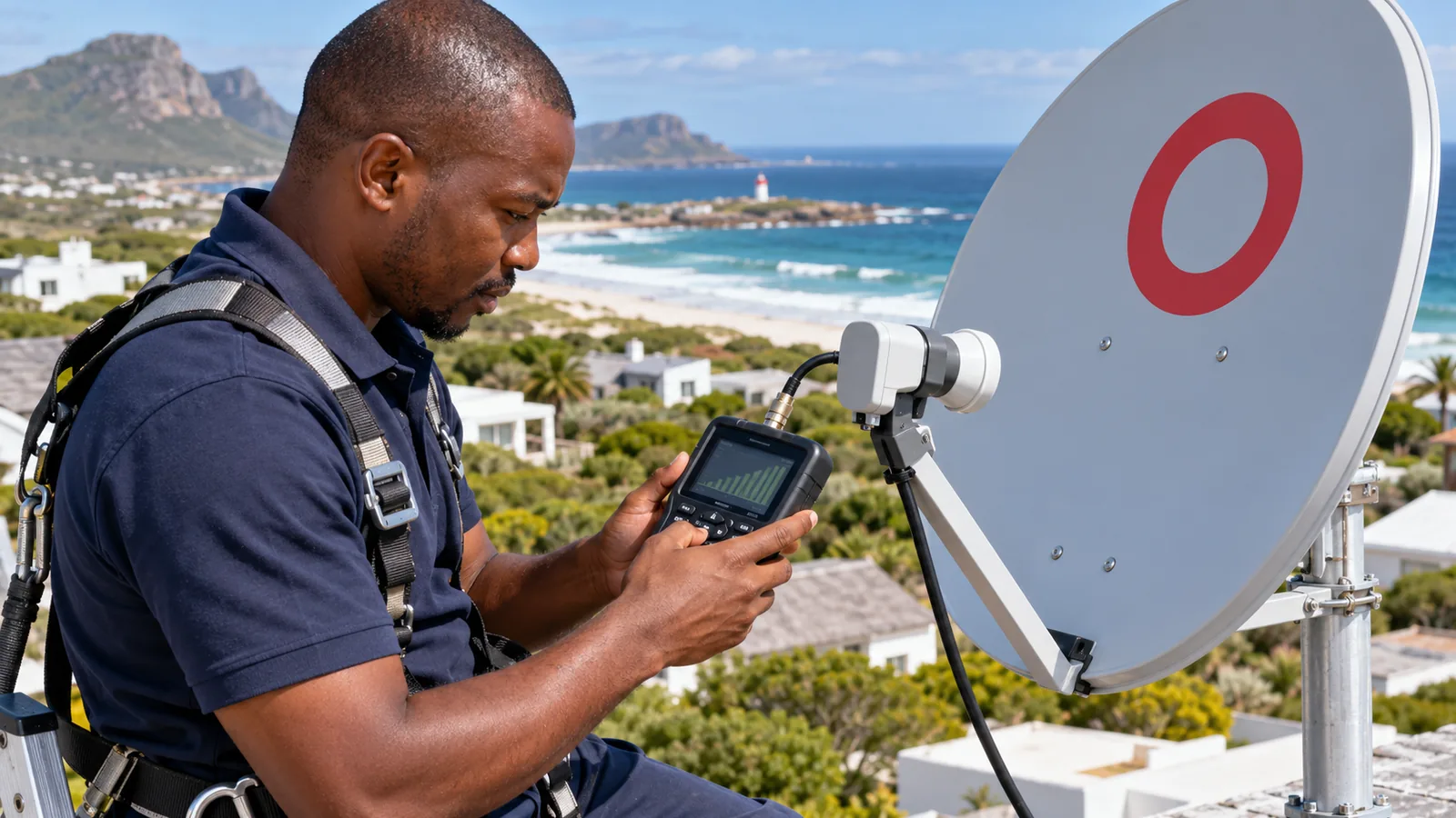 Technician with a signal meter beside an OpenView dish in Kommetjie