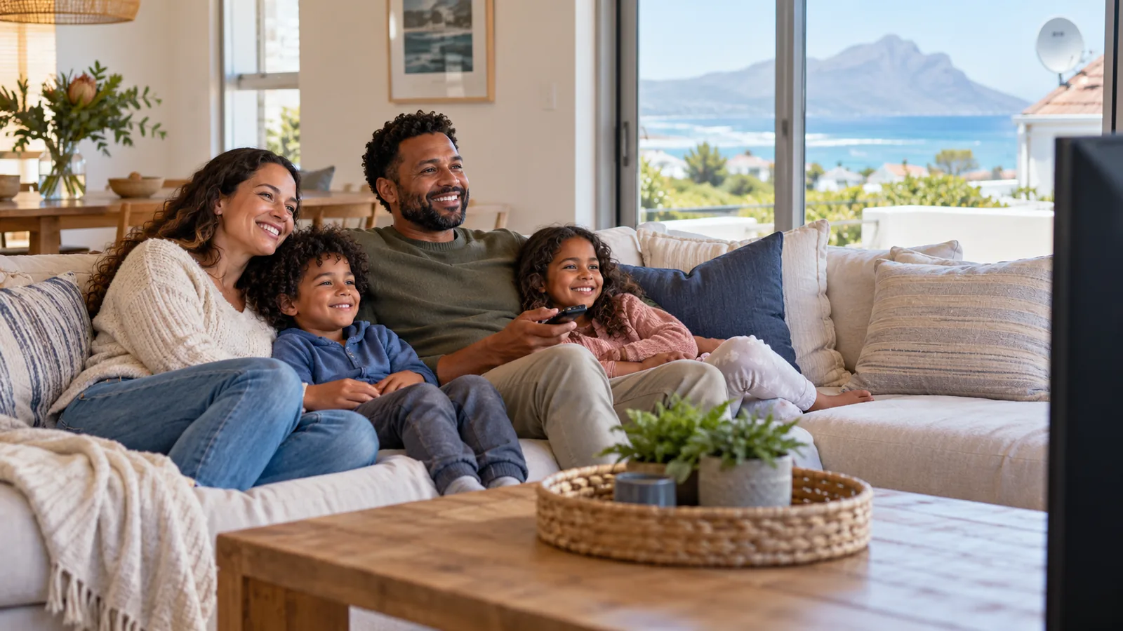 Family watching TV after learning how to add channels on OpenView in Kommetjie