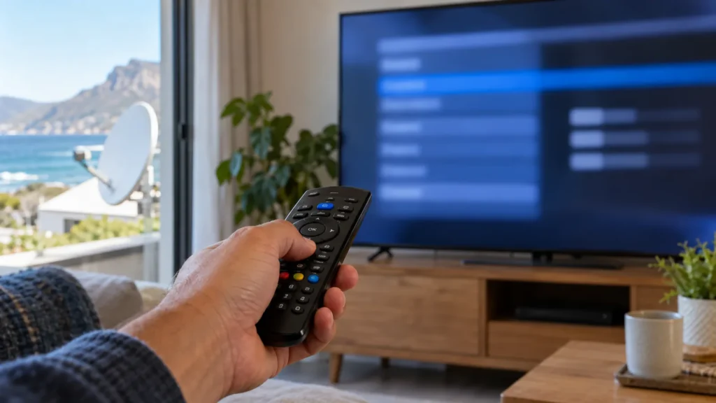 TV signal menu and remote showing how to set DStv signal manually in Kommetjie