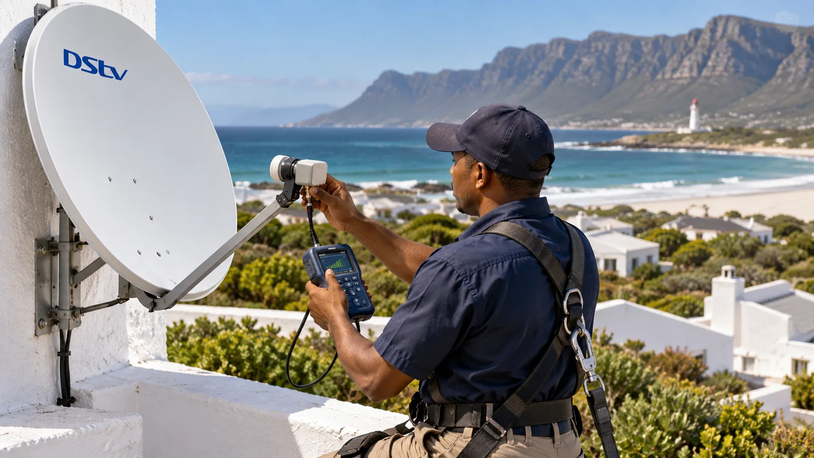 Technician with a satellite signal meter beside a white dish on a Kommetjie wall