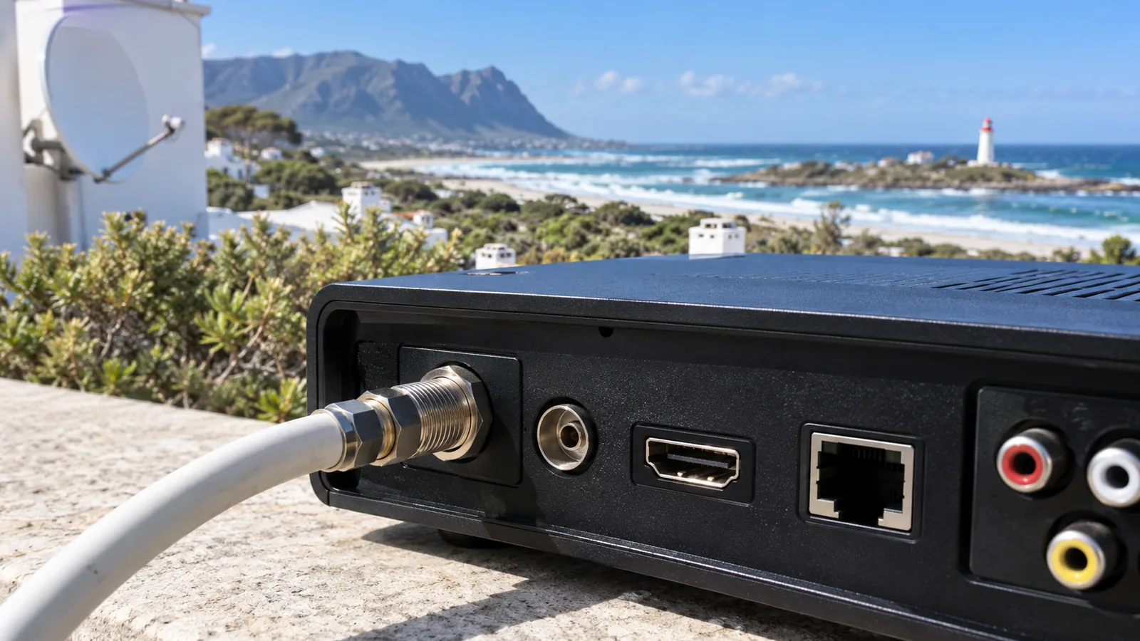 Decoder back panel with LNB cable, part of how to set DStv signal manually in Kommetjie