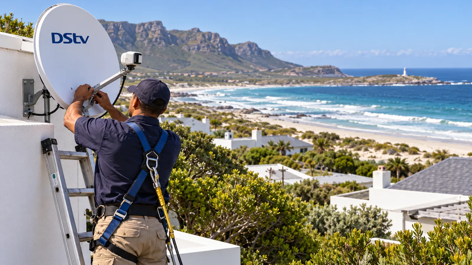 Technician on a secured ladder adjusting a dish in Kommetjie with the Atlantic behind