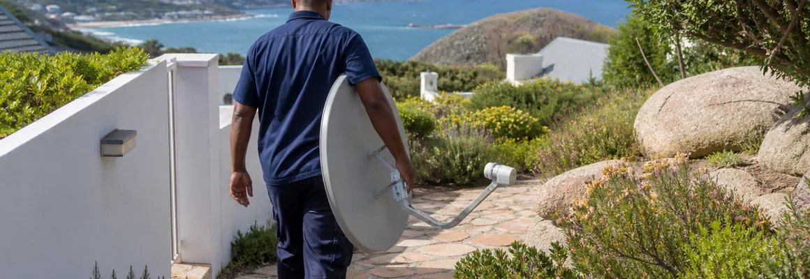 Technician's notebook of signal readings on a bakkie tailgate with a satellite dish and the Atlantic horizon behind