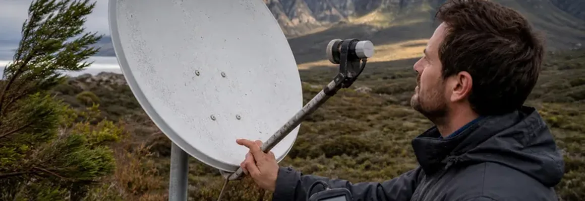 Technician fixing a satellite dish to a sheltered gable wall with a sealed cable run