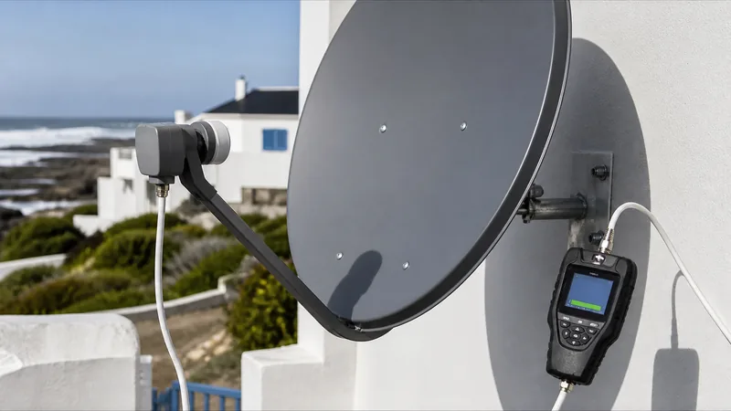 Technician adjusting the skew of an LNB in its holder with the signal meter reading visible