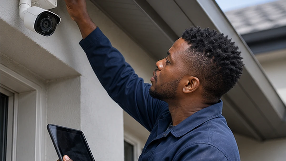 Technician positioning an outdoor CCTV camera at a Kommetjie property