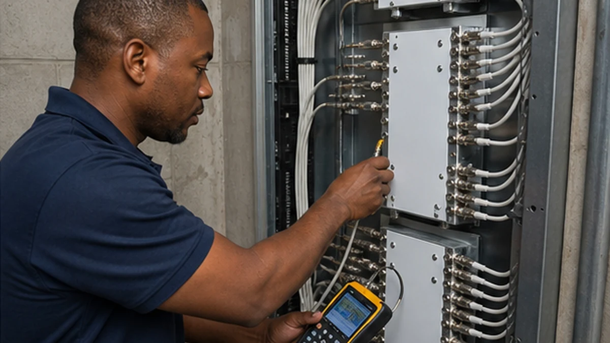 Technician inspecting communal DStv distribution equipment in Kommetjie