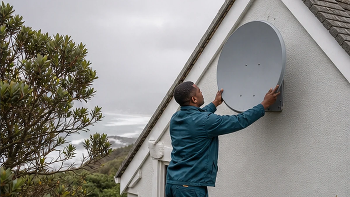 Salt-crusted satellite dish on a seafront Kommetjie wall with corrosion blooming on the old bracket