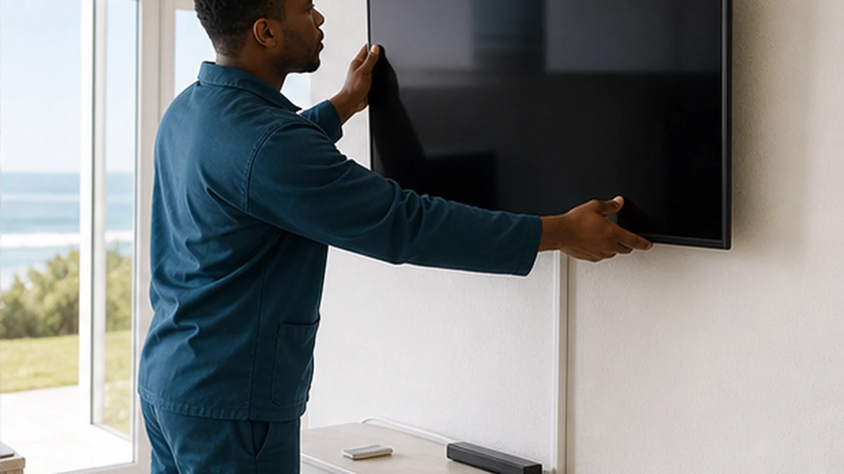 Technician wall mounting a television in a Kommetjie coastal home