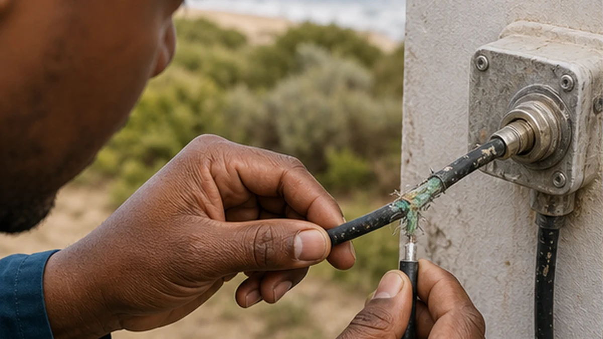 Water in DStv coaxial cable: signs and coastal fixes 1 Moisture and corrosion in a DStv coaxial cable connector near the coast