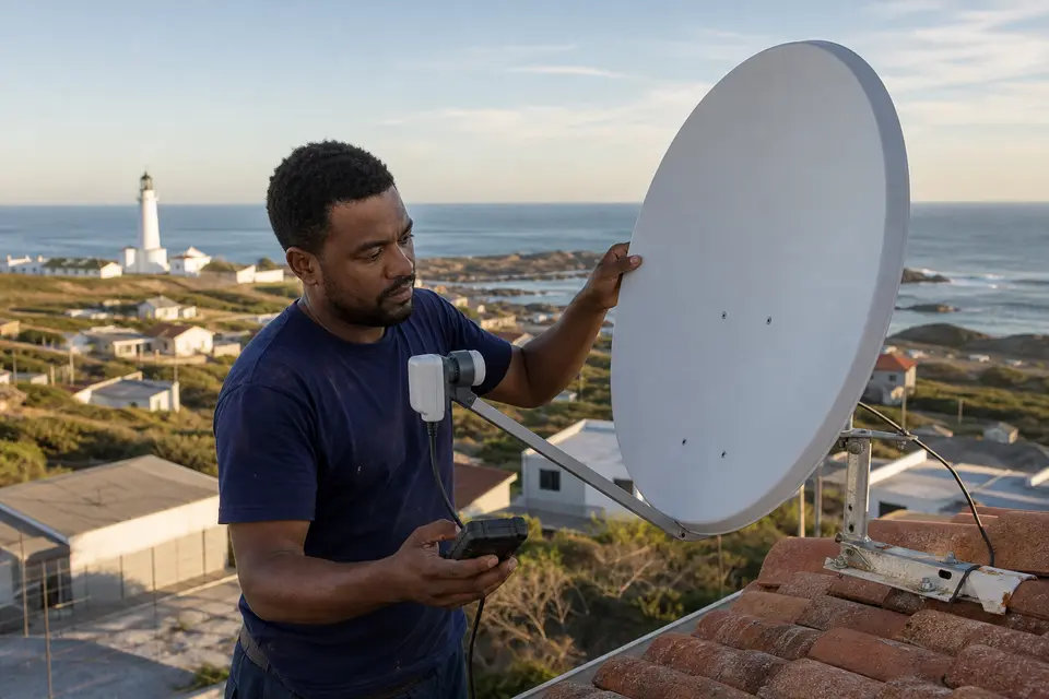 Accredited DSTV technician aligning a satellite dish on a Kommetjie rooftop with the Atlantic coastline behind