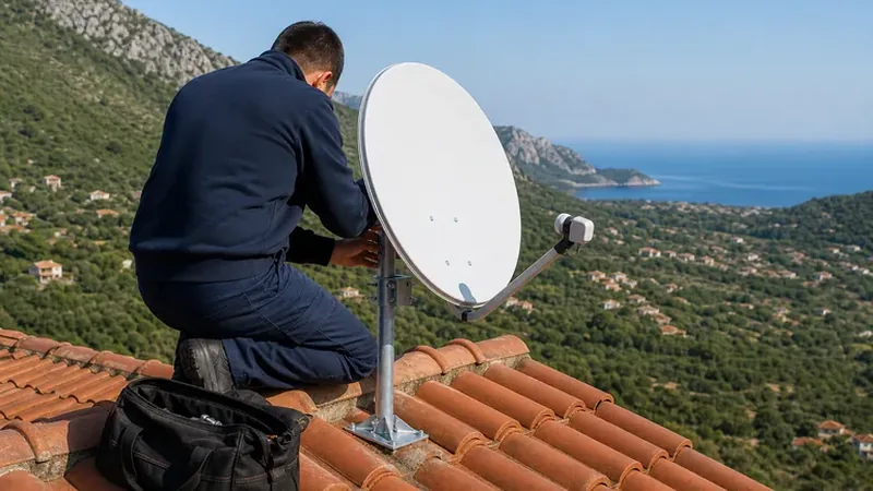 A standard installation kit laid out before fitting: dish, bracket, LNB, RG6 cable and weatherproof connectors